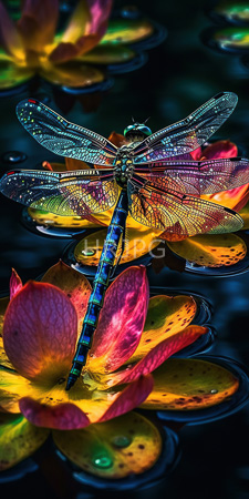 High Resolution: Iridescent dragonfly with translucent multicolored wings perched on vibrant yellow and red lotus flowers floating in dark water download. | HRJPG.com