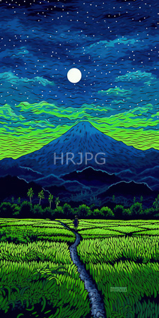 High Resolution: Illuminated night landscape with vibrant colors and stylized textures featuring lush green rice fields in foreground leading to dark blue mountains under a starry sky download. | HRJPG.com