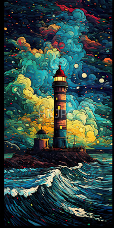 High Resolution: Vibrant illuminated lighthouse standing on rocky terrain amidst turbulent waves under a dramatic sky filled with swirling clouds download. | HRJPG.com