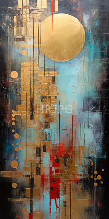 High Resolution: Abstract painting featuring geometric shapes including large golden circle and vertical lines against blue-green background with red drips download. | HRJPG.com