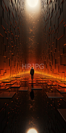 High Resolution: Isolated figure standing in reflective mirror-like water at center of narrow corridor with geometric black and red walls illuminated by bright overhead light source download. | HRJPG.com