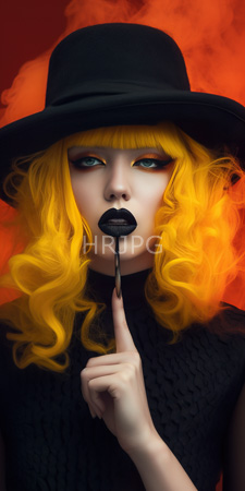 High Resolution: Androgynous person with bright yellow curly hair wearing black lipstick holding mascara wand to lips against fiery orange background download. | HRJPG.com