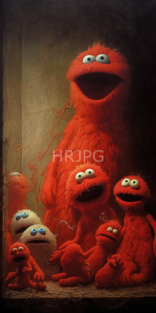 High Resolution: Six red fuzzy Muppets resembling Cookie Monster in various sizes and positions against darkened walls with textured cracks download. | HRJPG.com