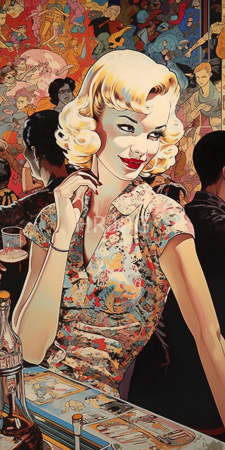 High Resolution: Vintage-style digital artwork depicting a blonde woman with curled hair and red lipstick sitting at a bar surrounded by colorful characters download. | HRJPG.com