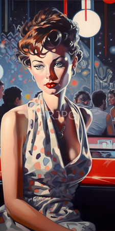 High Resolution: Elegant woman with curly brown hair fair skin and red lipstick in mid-20th century style attire wearing a halter dress adorned with colorful polka dots download. | HRJPG.com
