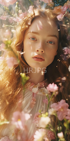 High Resolution: Fair-skinned blue-eyed young woman with long wavy red hair lying amidst pink flowers in soft sunlight download. | HRJPG.com