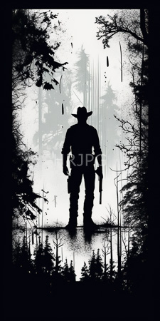 High Resolution: Black-and-white drawing depicts an imposing silhouetted figure of a cowboy standing in foggy forest download. | HRJPG.com