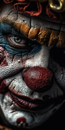 High Resolution: Close-up eerie clown face with textured weathered white makeup and dark blue eye shadow around green eyes download. | HRJPG.com