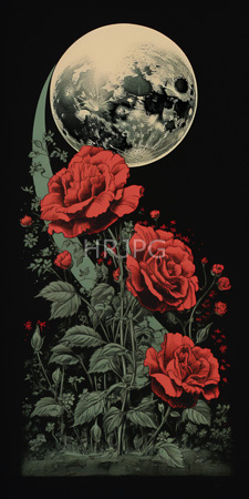 High Resolution: Three large vivid red roses with detailed petals and green leaves in front of an enormous full moon against black background download. | HRJPG.com