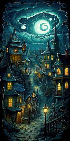 High Resolution: Enchanting whimsical village at night with cobblestone streets and quaint wooden houses featuring warm yellow-lit windows under swirling turquoise clouds download. | HRJPG.com