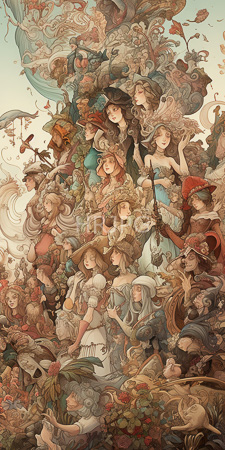 High Resolution: Intricate fantasy illustration featuring numerous female characters with diverse appearances and attire in elaborate Victorian-style clothing download. | HRJPG.com