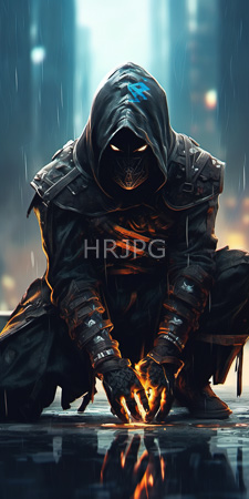 High Resolution: Armored hooded figure with glowing white eyes and black mask crouching in rain on wet ground download. | HRJPG.com