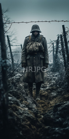 High Resolution: Elderly weathered man standing in muddy terrain between barbed wire fences on overcast day download. | HRJPG.com