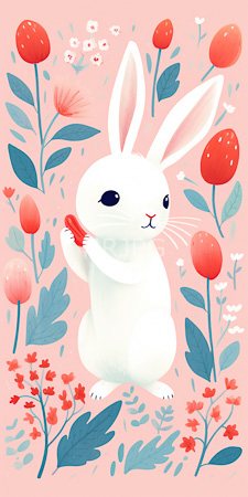 High Resolution: Adorable white rabbit with large pink-tipped ears standing on its hind legs against a pastel peach background adorned by red and blue flowers download. | HRJPG.com