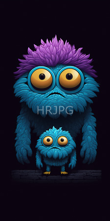 High Resolution: Two whimsical blue-furred creatures with large yellow eyes and purple spiky hair against a black background download. | HRJPG.com