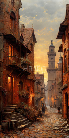 High Resolution: Old European village at sunset featuring cobblestone streets and rustic stone buildings with wooden balconies on either side download. | HRJPG.com