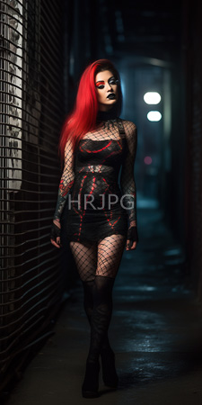 High Resolution: Attractive woman with long red hair pale skin and dark makeup standing in dim alleyway at night download. | HRJPG.com