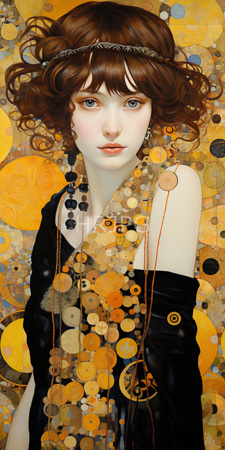 High Resolution: Intricate painting of a young woman with fair skin and wavy brown hair adorned by a headband set against a vibrant yellow background filled with circular patterns download. | HRJPG.com