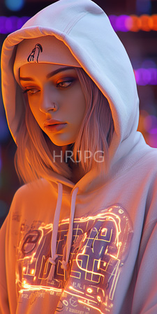 High Resolution: Androgynous person with light pink hair wearing a white hooded sweatshirt featuring glowing neon text "GIRL" on their chest download. | HRJPG.com