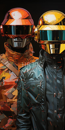 High Resolution: Two futuristic armored figures with reflective helmets and visors in red (left) and yellow-golden hues (right) download. | HRJPG.com