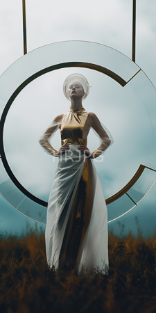 High Resolution: Androgynous pale-skinned individual with short hair wearing translucent white veil over gold dress featuring high slit revealing brown undergarment download. | HRJPG.com