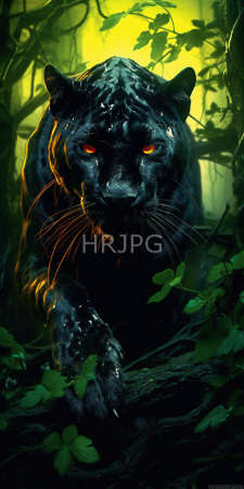 High Resolution: Intense black panther with glowing orange eyes and wet fur stalking through dense green foliage in a forest illuminated by yellow light from behind download. | HRJPG.com