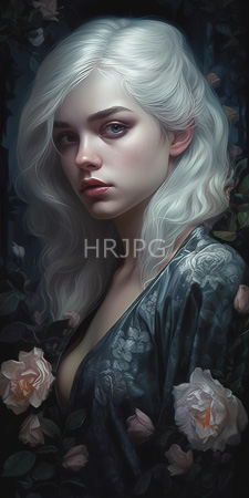 High Resolution: Ethereal pale-skinned woman with long white hair and delicate features wearing a floral-patterned robe amidst blooming roses in dark foliage download. | HRJPG.com