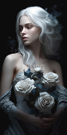 High Resolution: Ethereal pale-skinned woman with long white hair and delicate features holding large roses against her chest download. | HRJPG.com