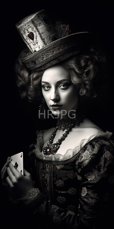 High Resolution: Black-and-white photograph of an elegant pale-skinned woman with curly hair wearing elaborate Victorian attire and holding Ace-of-Hearts card download. | HRJPG.com
