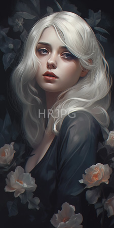 High Resolution: Ethereal young woman with pale skin and long flowing white hair against dark foliage background adorned by soft pink roses download. | HRJPG.com