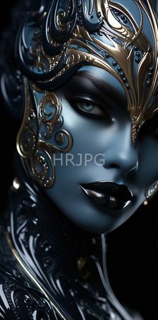 High Resolution: Ethereal blue-skinned woman with dark lipstick and heavy black eye makeup wearing ornate gold-and-blue headdress adorned in intricate patterns download. | HRJPG.com
