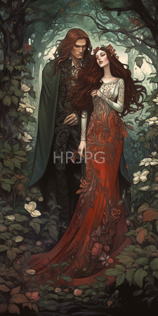 High Resolution: Ethereal forest scene featuring two figures one male and one female with long red hair adorned in floral crowns download. | HRJPG.com