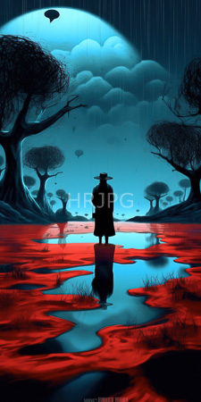 High Resolution: Eerie moonlit landscape with rain falling on vibrant red puddles and grasses under dark blue skies download. | HRJPG.com