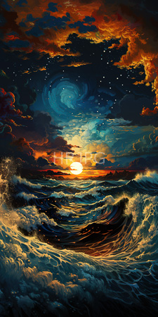 High Resolution: Intense sunset over turbulent ocean waves with dark blue and green water contrasting against golden sunlight reflections on foamy white crests download. | HRJPG.com