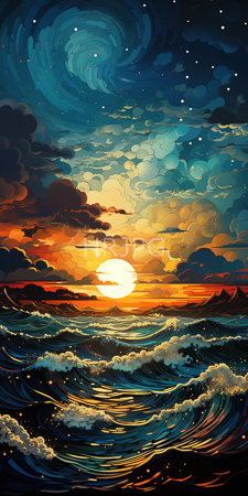 High Resolution: Ocean sunset featuring swirling dark blue and teal waves in foreground with white foam tips download. | HRJPG.com
