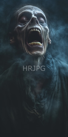 High Resolution: Eerie skeletal-faced zombie with sunken eyes and yellowed teeth screaming in dark blue smoke-filled background download. | HRJPG.com