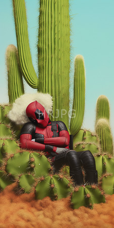High Resolution: Deadpool in his red and black armored suit with white fur-like accents on shoulders sitting against tall green cacti under clear blue sky download. | HRJPG.com