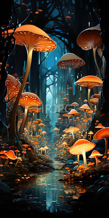 High Resolution: Enchanting moonlit forest with towering orange and red mushrooms illuminated by soft light from above download. | HRJPG.com
