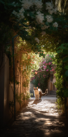 High Resolution: Alleyway bathed in soft sunlight with lush greenery and blooming pink flowers overhead creating dappled shadows on cobblestone path download. | HRJPG.com