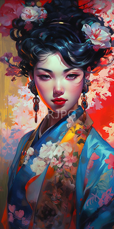 High Resolution: East Asian woman with fair skin and black curly hair adorned in traditional floral patterns wearing red lipstick blue kimono decorated with pink flowers download. | HRJPG.com