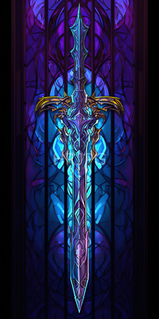 High Resolution: Intricately designed glowing blue and purple sword with ornate patterns standing vertically against a stained glass background download. | HRJPG.com