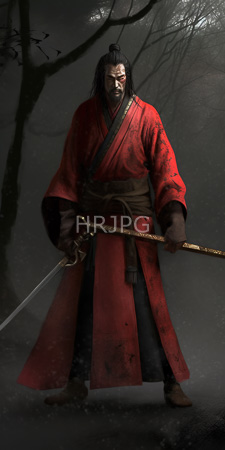 High Resolution: Asian male warrior with long black hair in topknot wearing red and brown kimono-style robe adorned with dark floral patterns download. | HRJPG.com