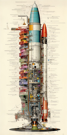 High Resolution: Intricate detailed illustration of a rocket's cross-section view with various internal components and systems labeled download. | HRJPG.com