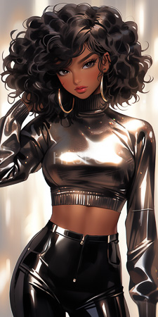 High Resolution: Attractive dark-skinned woman with voluminous curly black hair and large hoop earrings wearing shiny metallic silver crop top and high-waisted latex pants download. | HRJPG.com