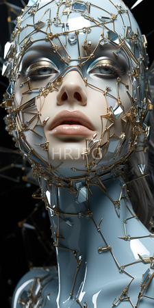 High Resolution: Androgynous pale-skinned mannequin head with closed eyes adorned in gold wire mesh that covers its face like delicate armor download. | HRJPG.com