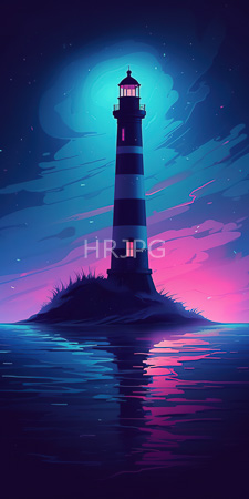 High Resolution: Illuminated lighthouse at night featuring bold stripes in black and white against vibrant blue-purple-pink sky gradients with scattered stars download. | HRJPG.com