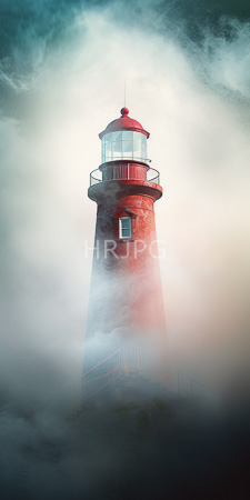 High Resolution: Isolated tall red lighthouse with white accents and small window on its side surrounded by misty clouds that partially obscure it download. | HRJPG.com