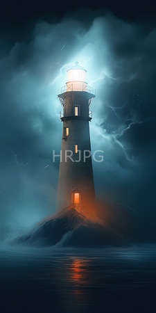 High Resolution: Illuminated lighthouse standing on rocky terrain surrounded by dark stormy clouds with visible lightning flashes in blue and white hues download. | HRJPG.com