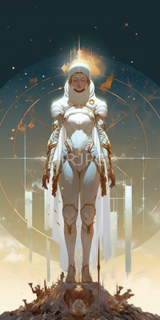 High Resolution: Ethereal white-clad female figure with glowing golden accents and helmet standing on rocky terrain under celestial arches download. | HRJPG.com