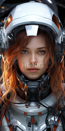 High Resolution: Attractive young woman with wavy orange-brown hair and fair skin wearing futuristic white space armor that includes detailed mechanical elements download. | HRJPG.com